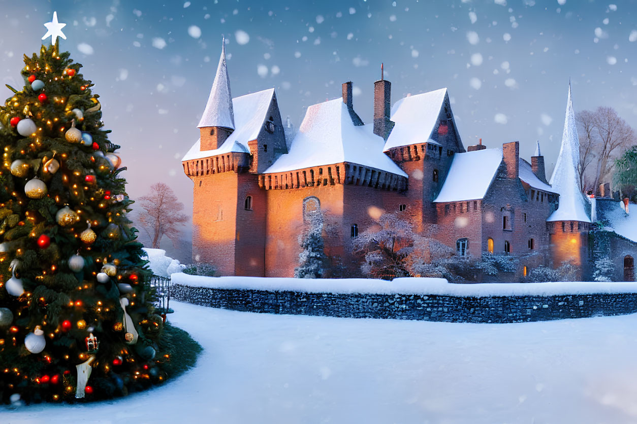 Festively decorated Christmas tree near snow-covered castle at twilight