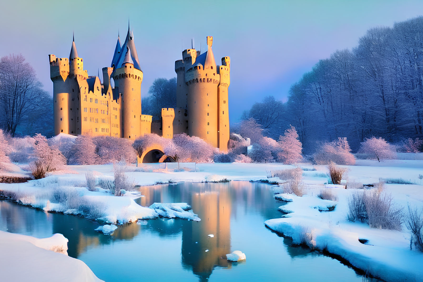 Snow-covered castle reflected in tranquil river amidst winter scenery