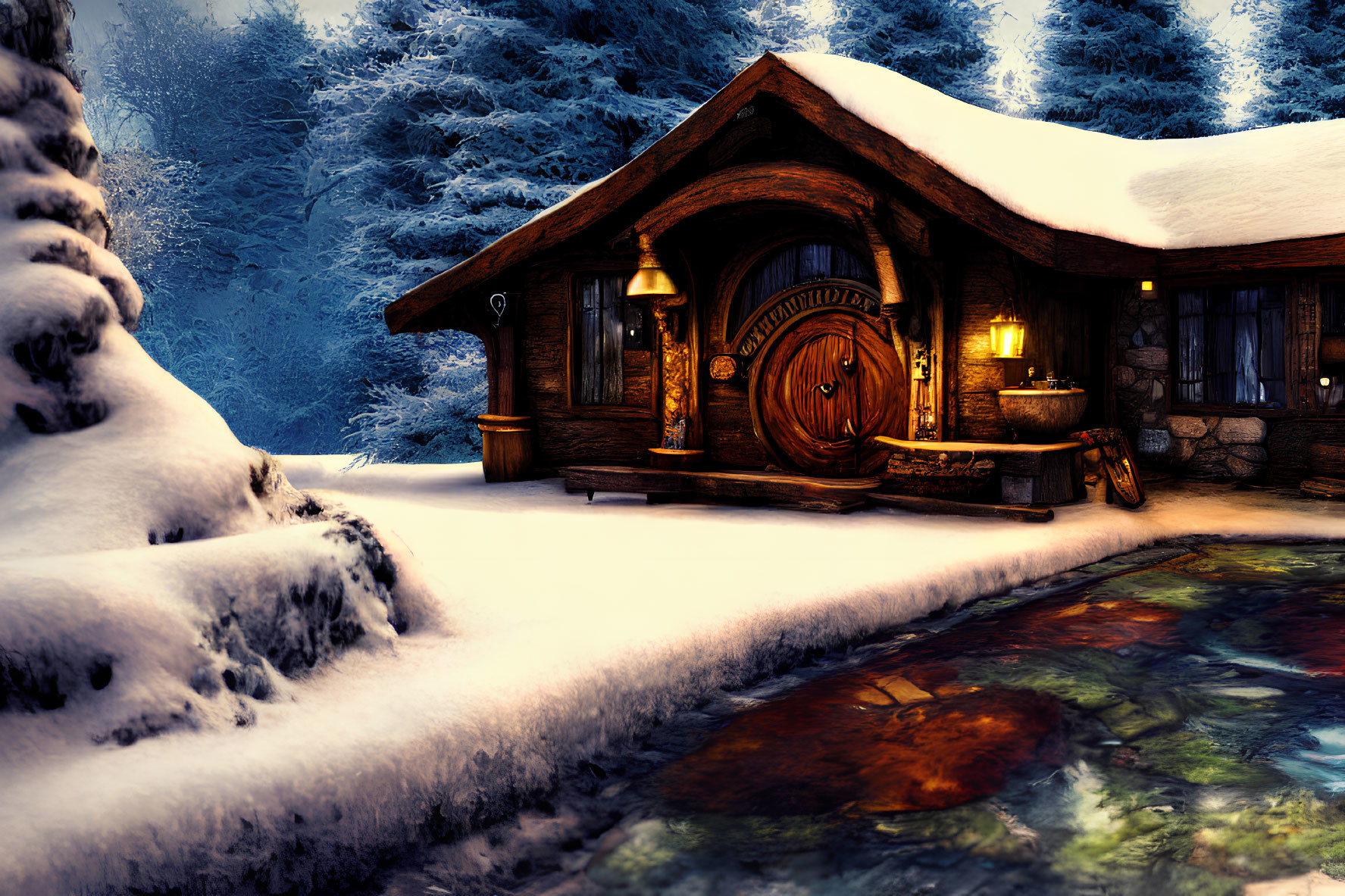 Snow-covered log cabin with round door and warm lights in winter dusk