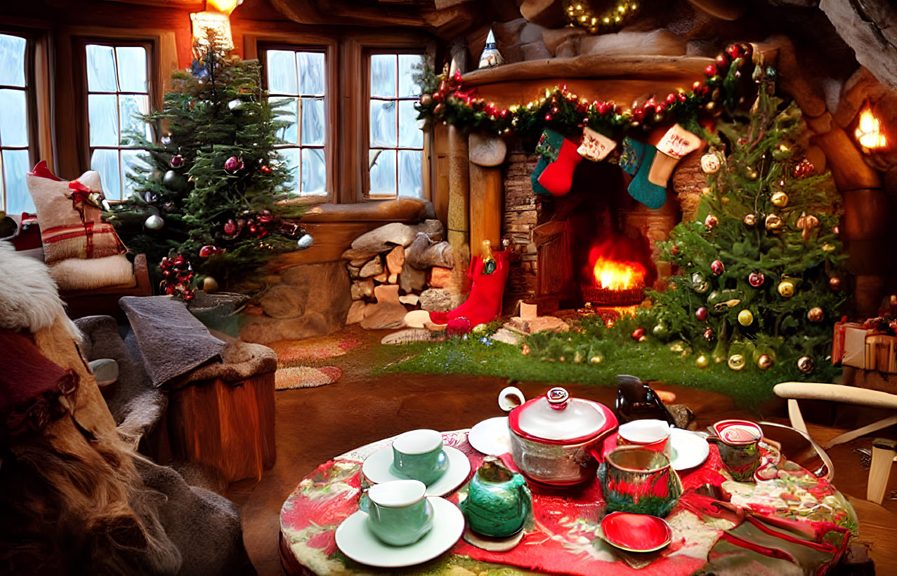 Festive Christmas interior with tree, stockings, garland & table setting