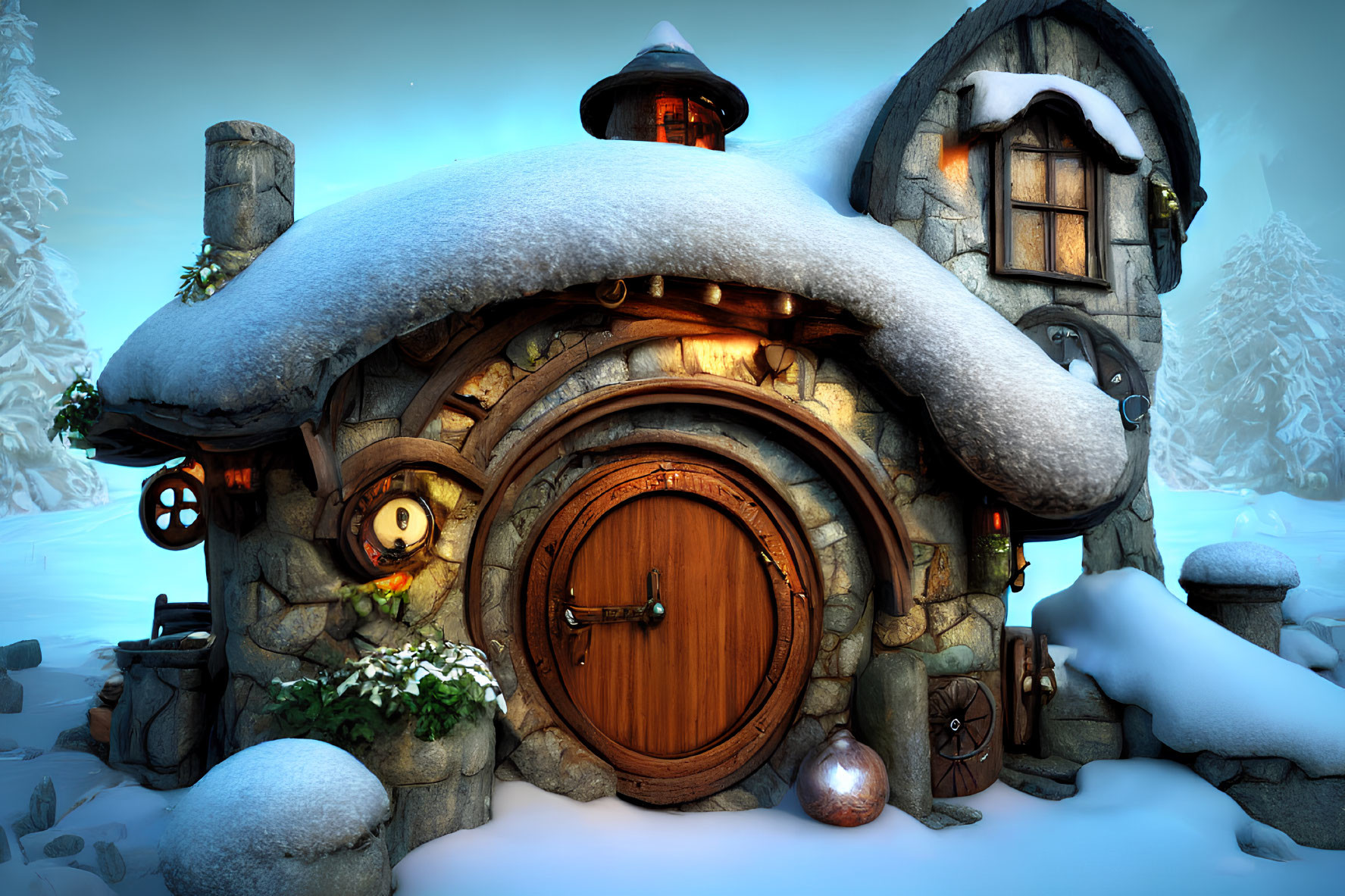 Snow-covered fantasy cottage with round wooden door and warm light in wintry landscape