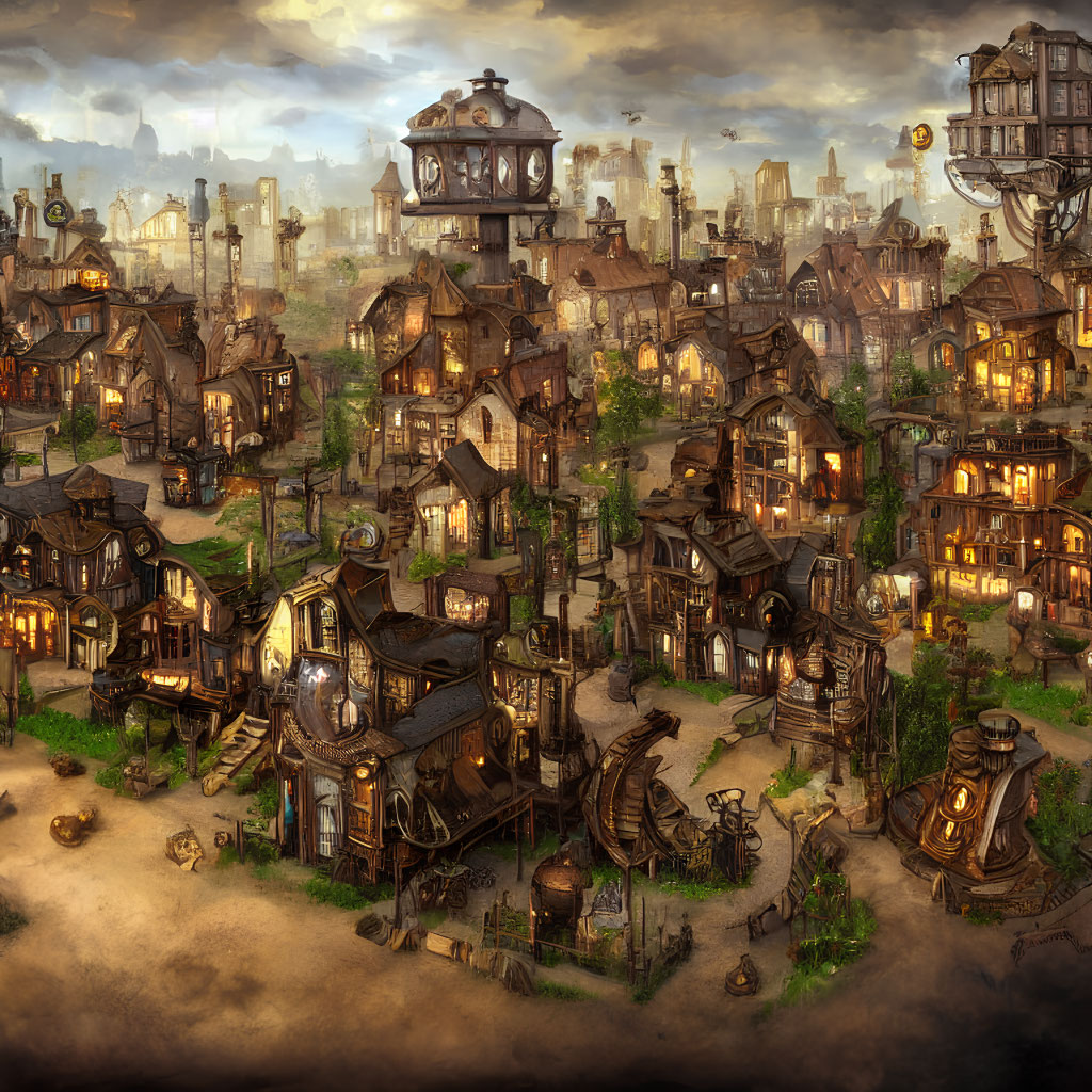 Steampunk village with mechanical structures, traditional houses, glowing lights, and dirigibles