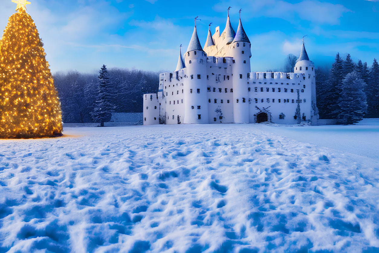 Snow-covered castle at twilight with illuminated towers next to a glowing Christmas tree