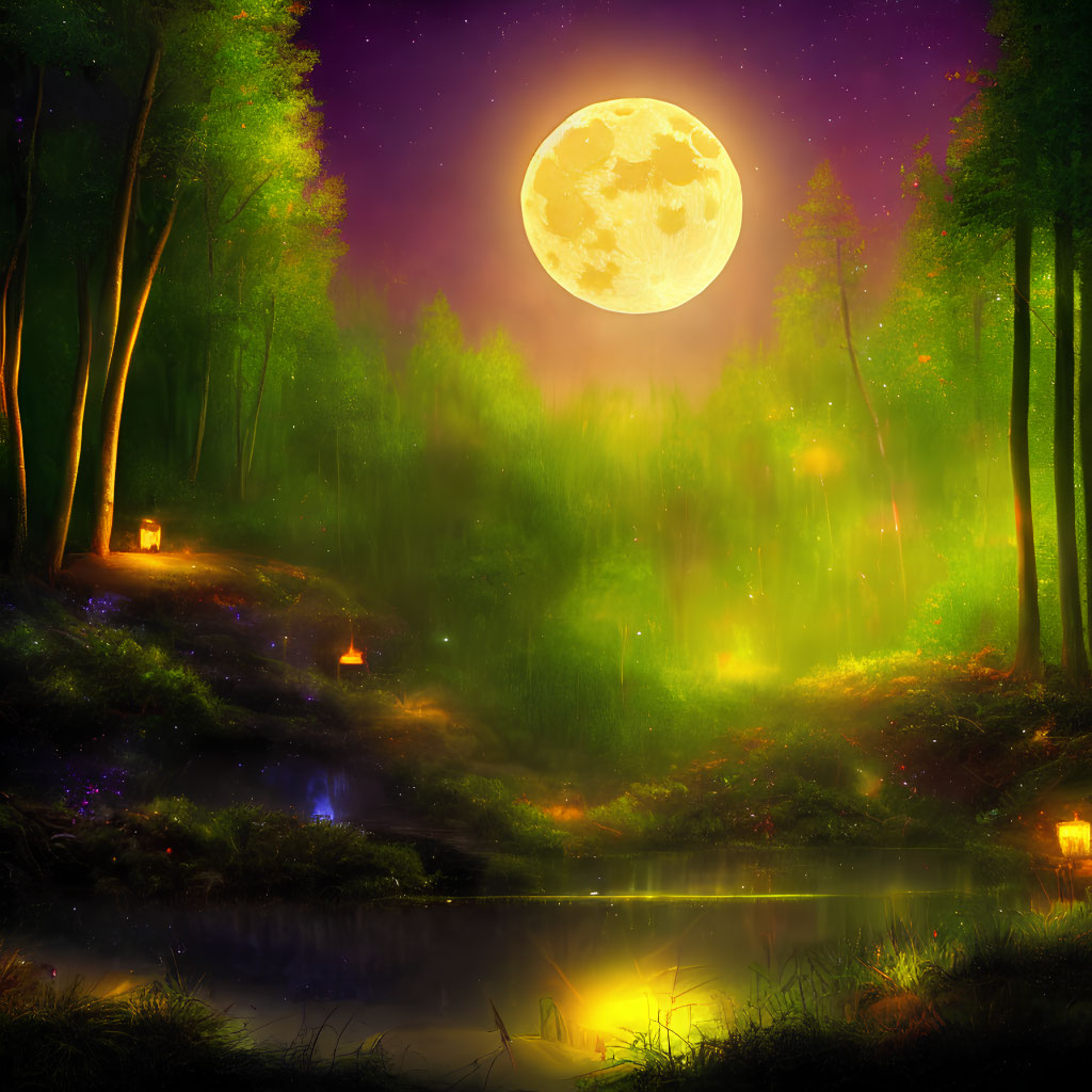 Mystical forest at night with glowing full moon and serene pond