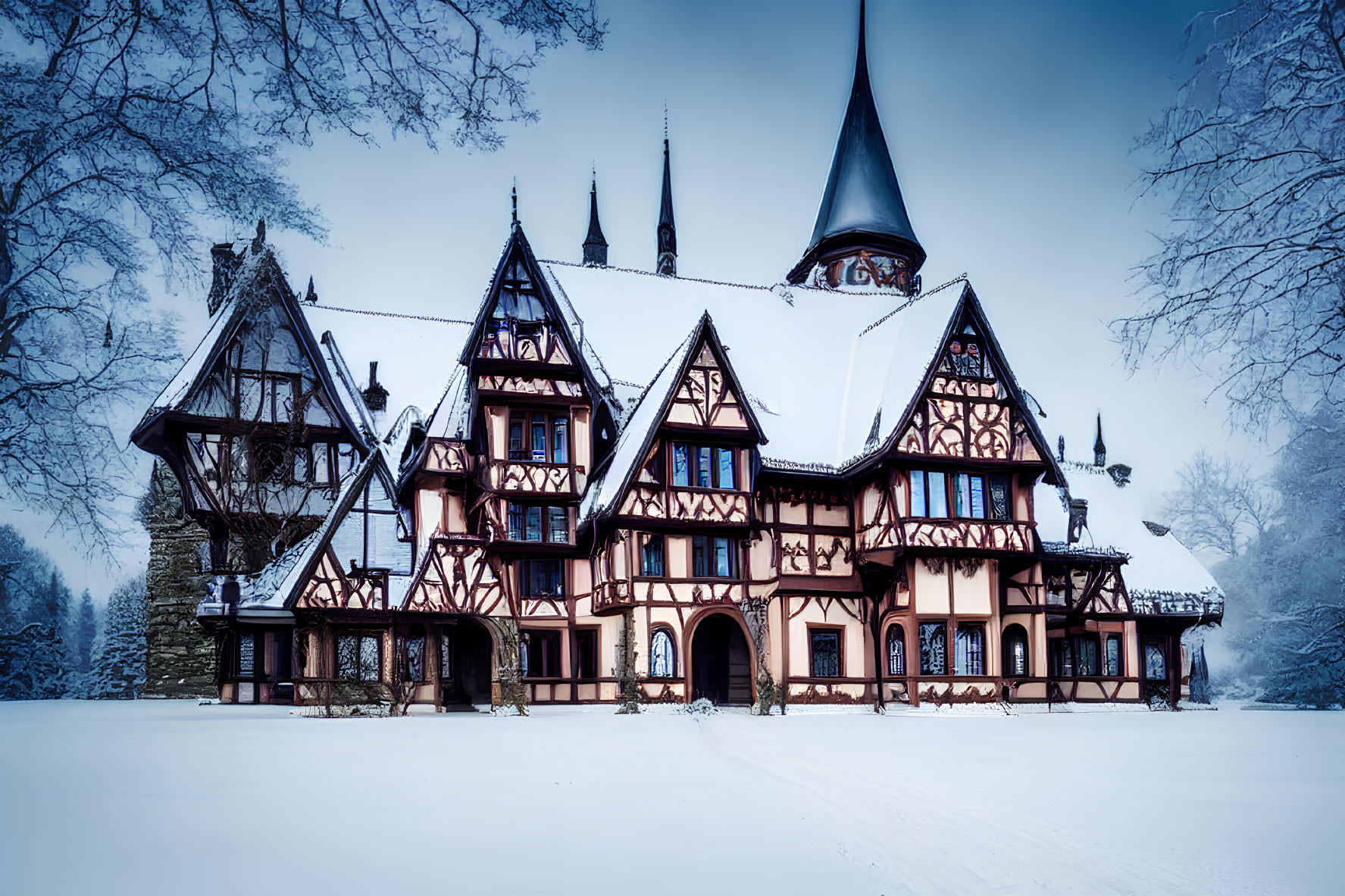 Victorian Timber-Framed Building with Spire in Snowy Landscape