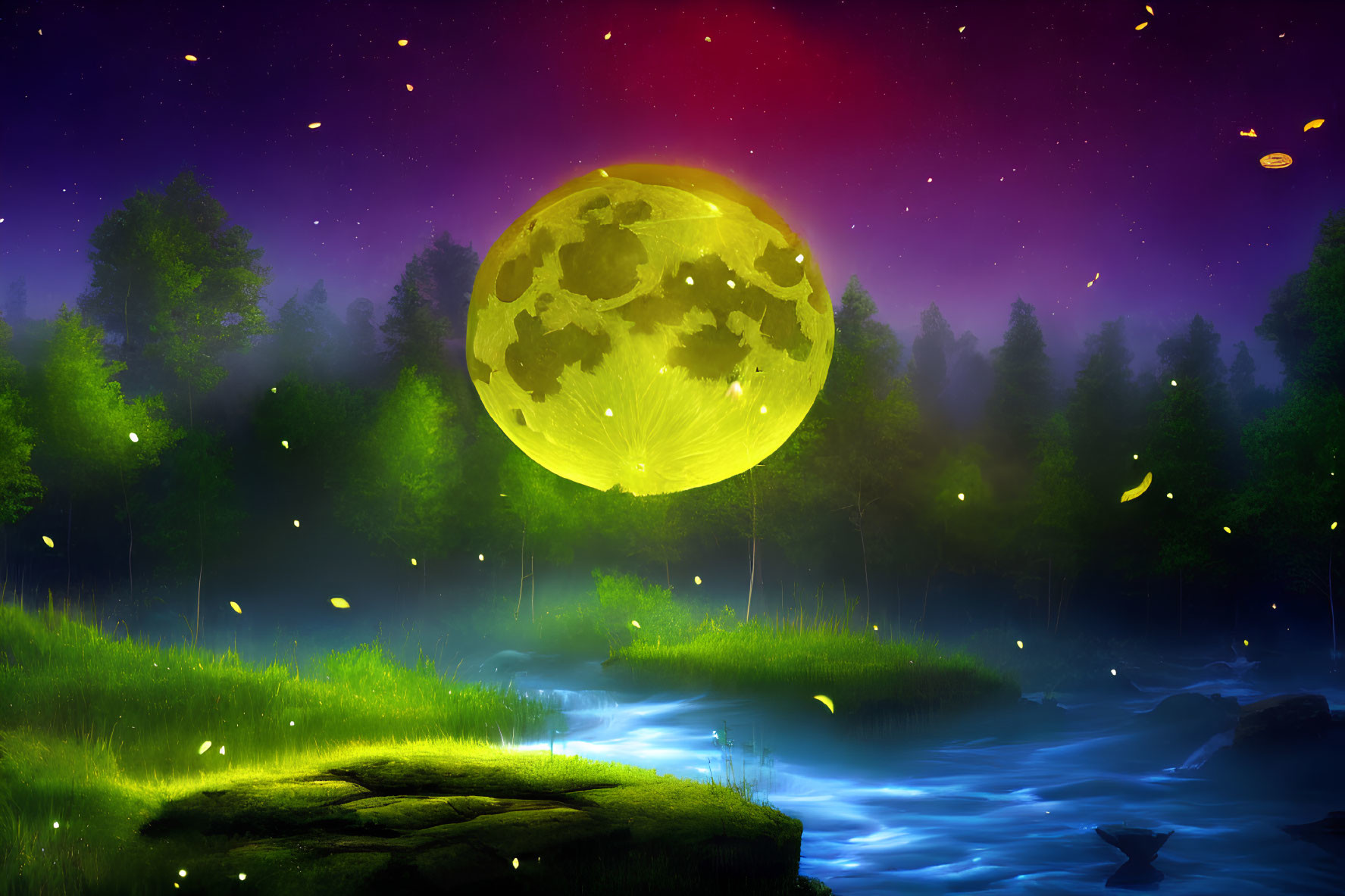 Digital landscape with large yellow moon, fireflies, stream, greenery, and starry night sky