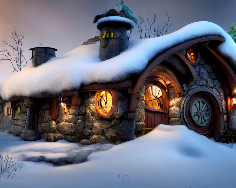 Snow-covered stone cottage with glowing windows in winter dusk