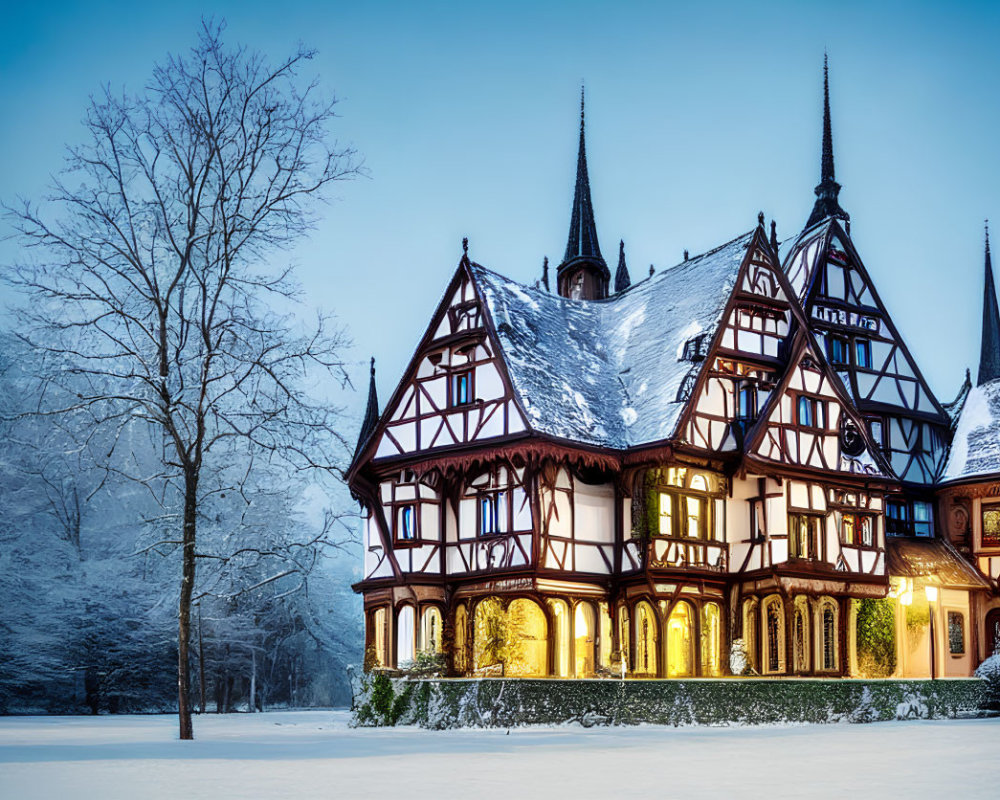 Snowy Landscape with Timber-Framed House and Bare Trees