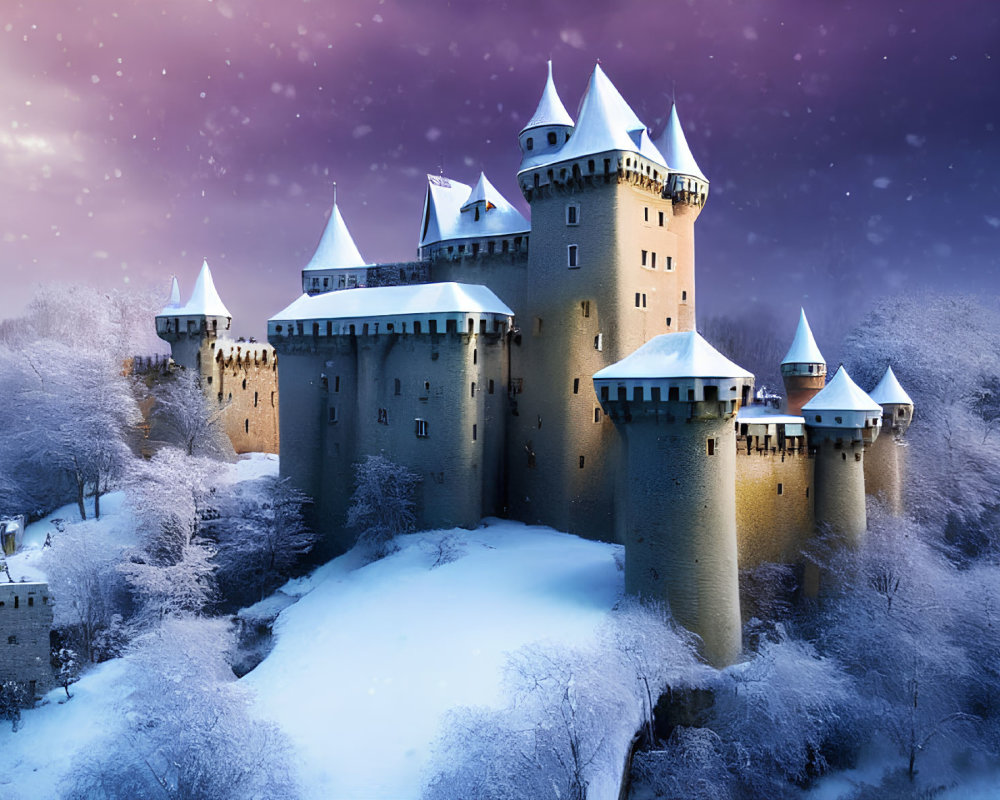 Snow-covered trees and castle under starry sky with glowing lights