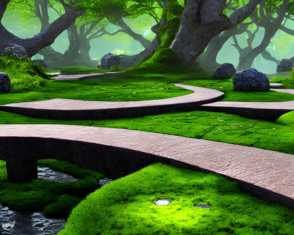 Curved Stone Pathway in Lush Green Forest with Moss-Covered Trees