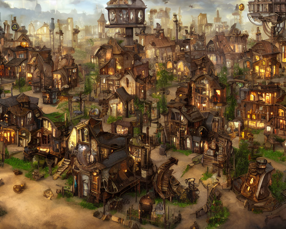 Steampunk village with mechanical structures, traditional houses, glowing lights, and dirigibles