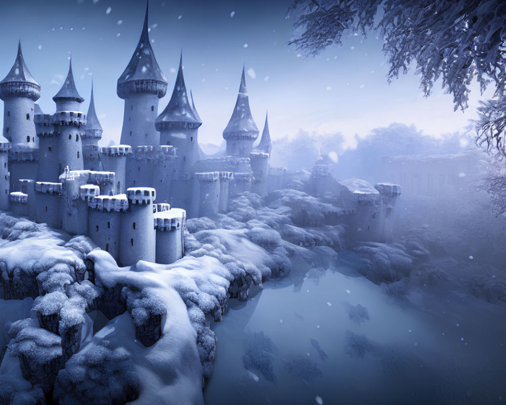 Snow-covered castle with spires and towers in misty twilight setting