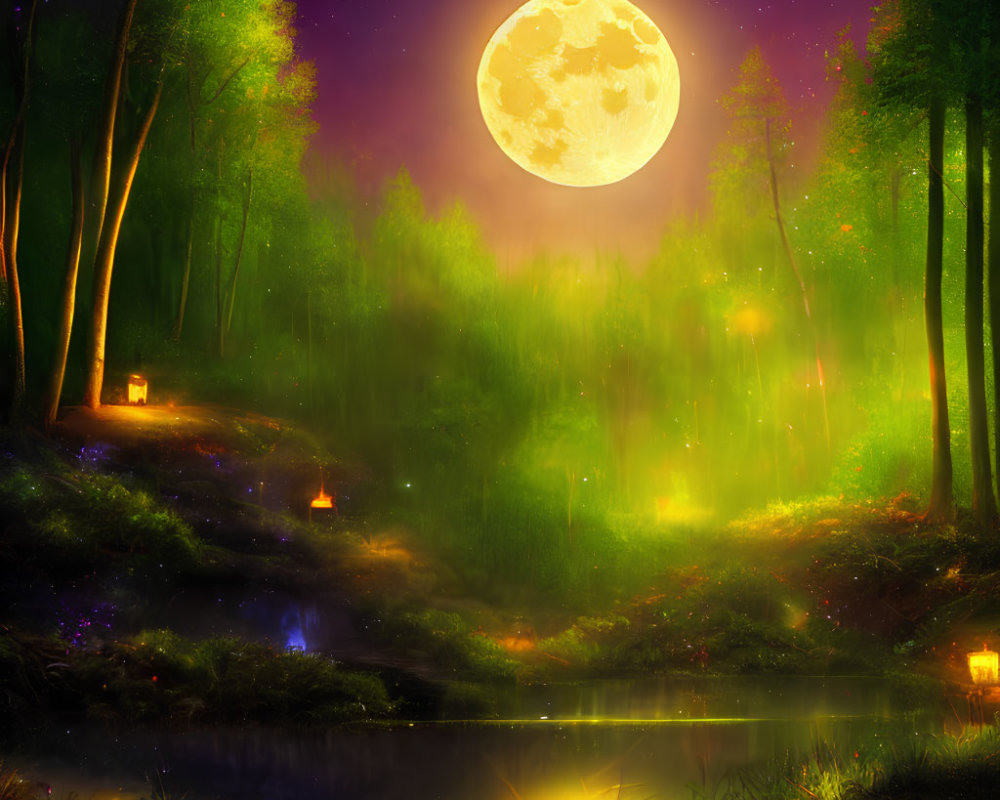 Mystical forest at night with glowing full moon and serene pond