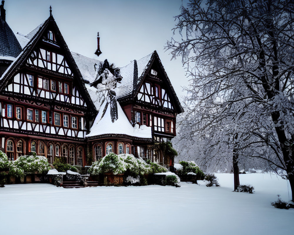 Half-Timbered House Covered in Snow in Winter Landscape