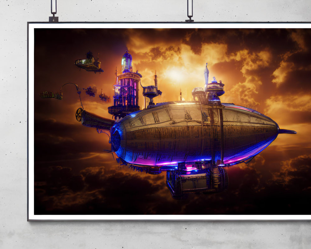 Steampunk-inspired airship poster with blue and purple lighting against sunset sky