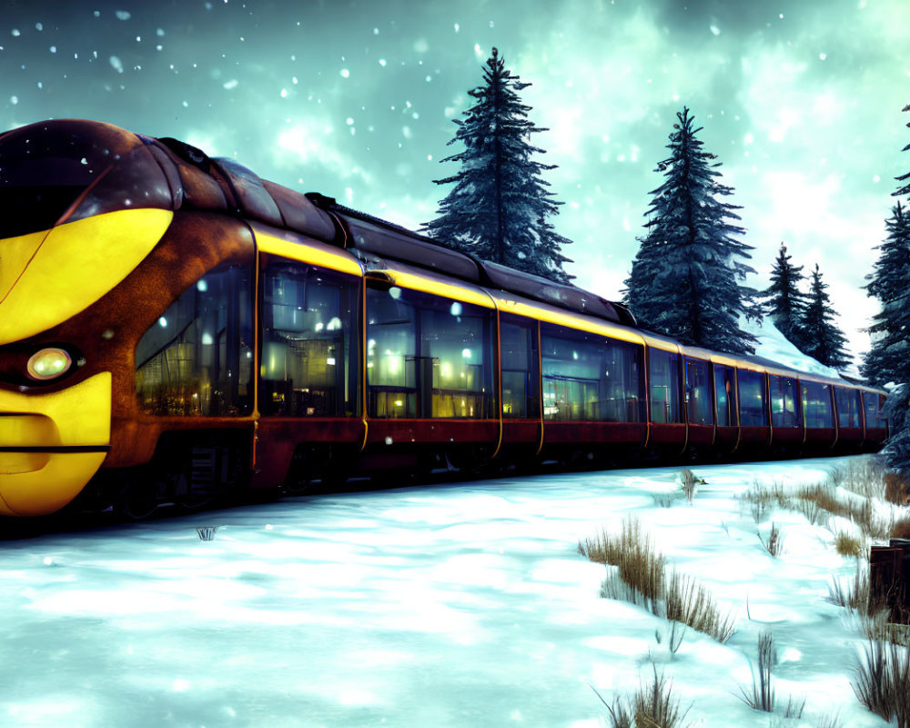 Sleek yellow-and-black modern train on snow-covered tracks