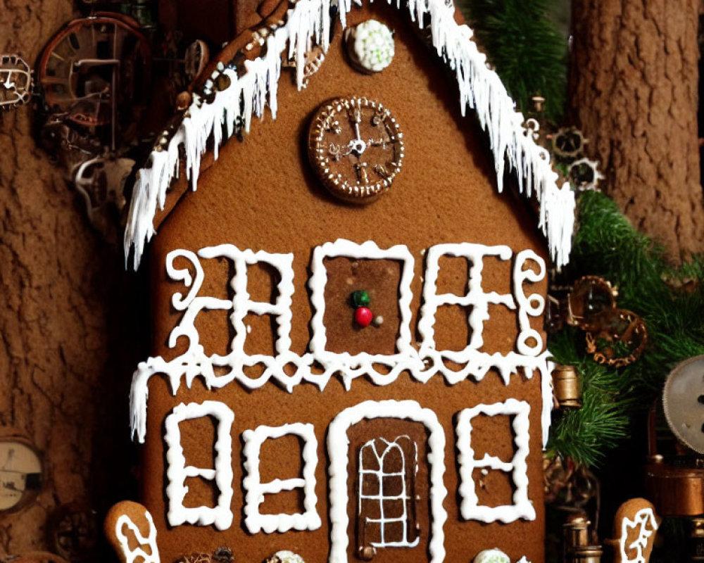 Detailed Gingerbread House with White Icing and Candy Decorations