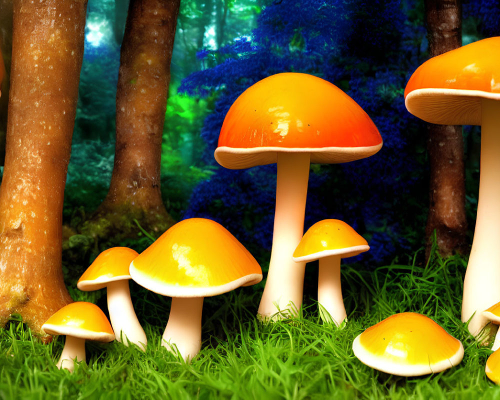 Vibrant orange mushrooms in lush forest setting