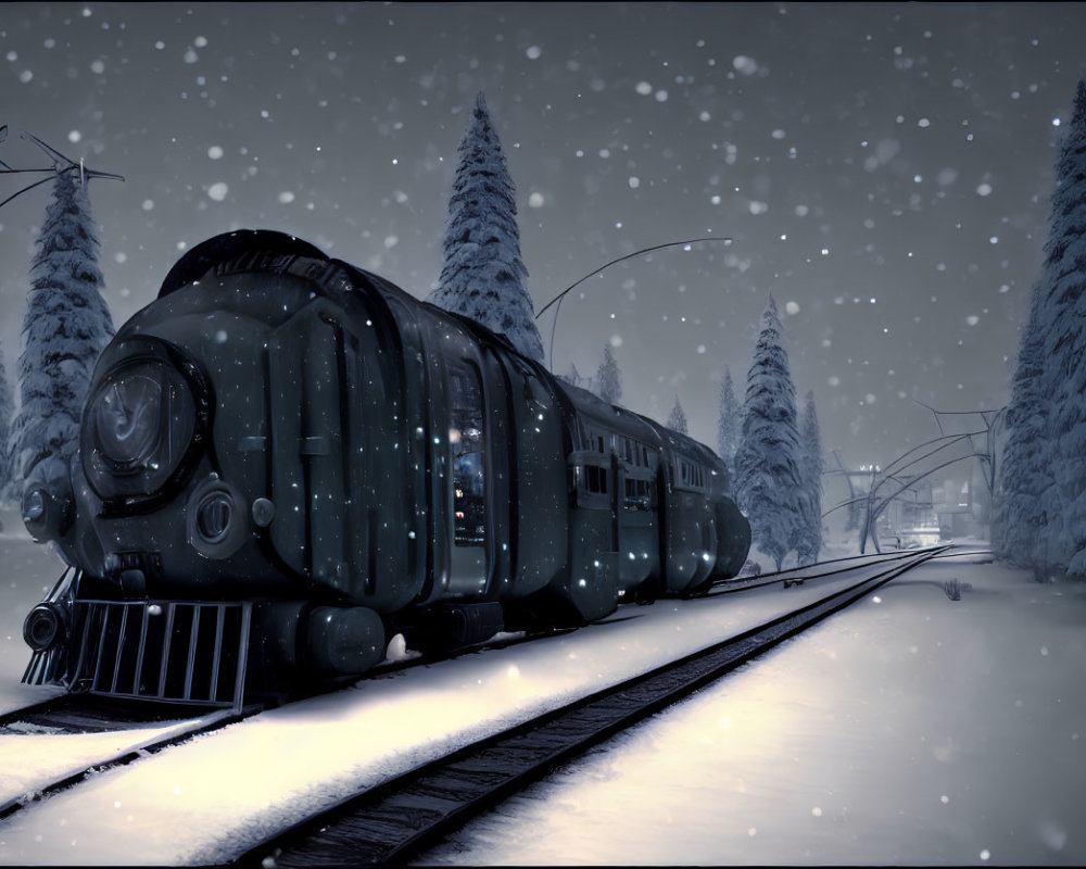 Vintage train on snow-covered tracks in serene winter scene