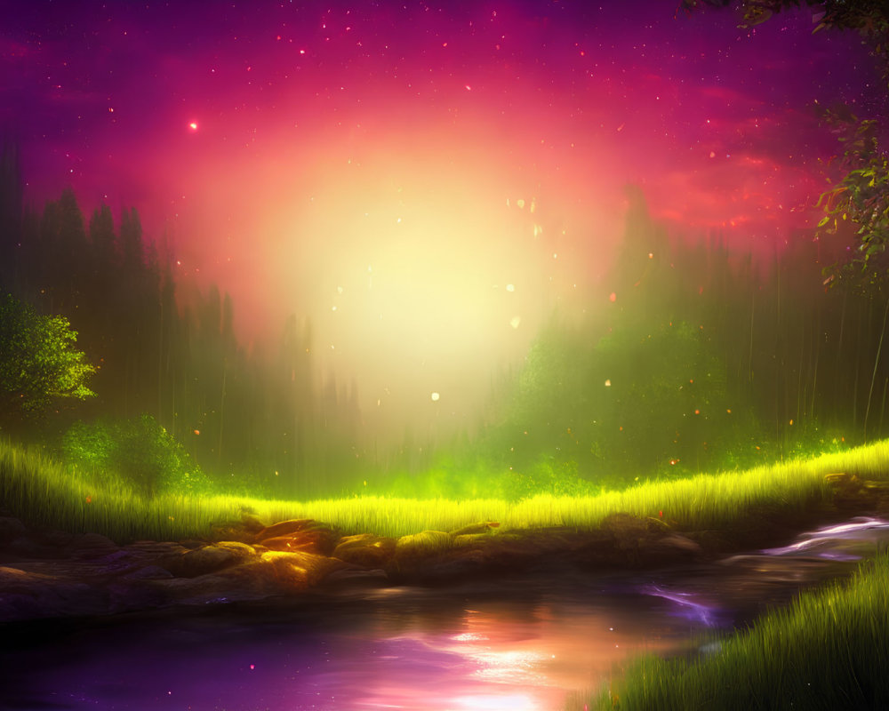 Mystical forest scene with glowing sunset, river, stars, and crescent moon