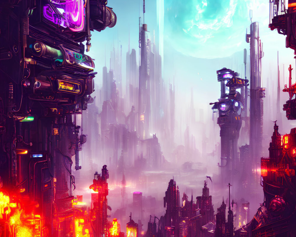 Futuristic cyberpunk cityscape with neon signs and skyscrapers