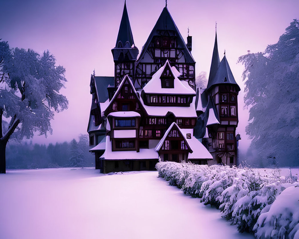 Victorian-style mansion in snow with twilight sky