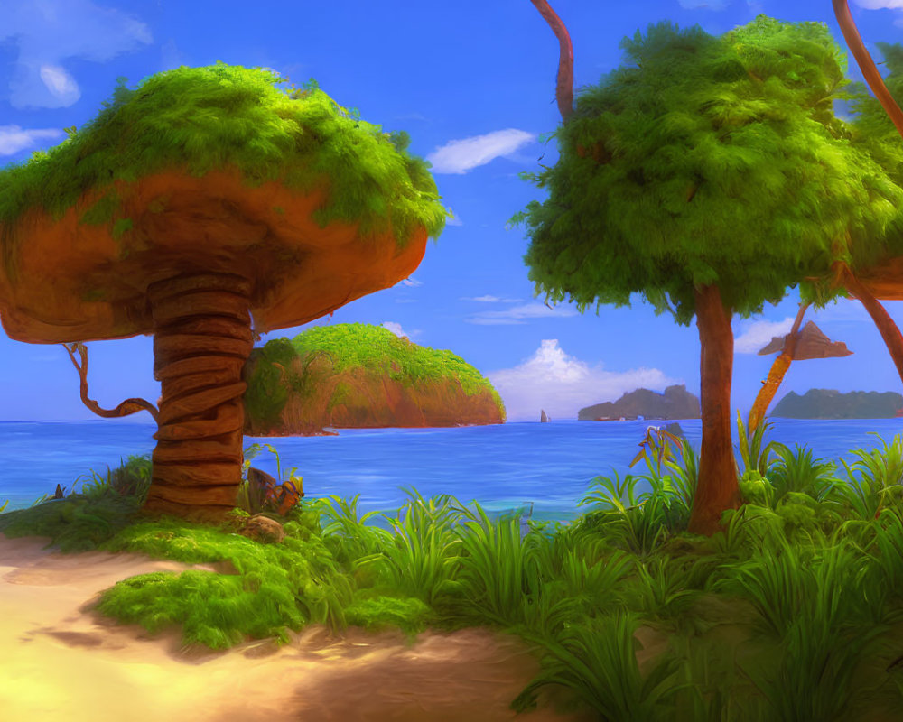 Tropical beach illustration with spiral-trunked trees and distant island