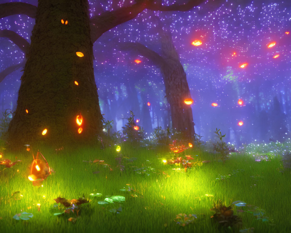 Magical Night Forest with Glowing Flowers and Falling Meteors