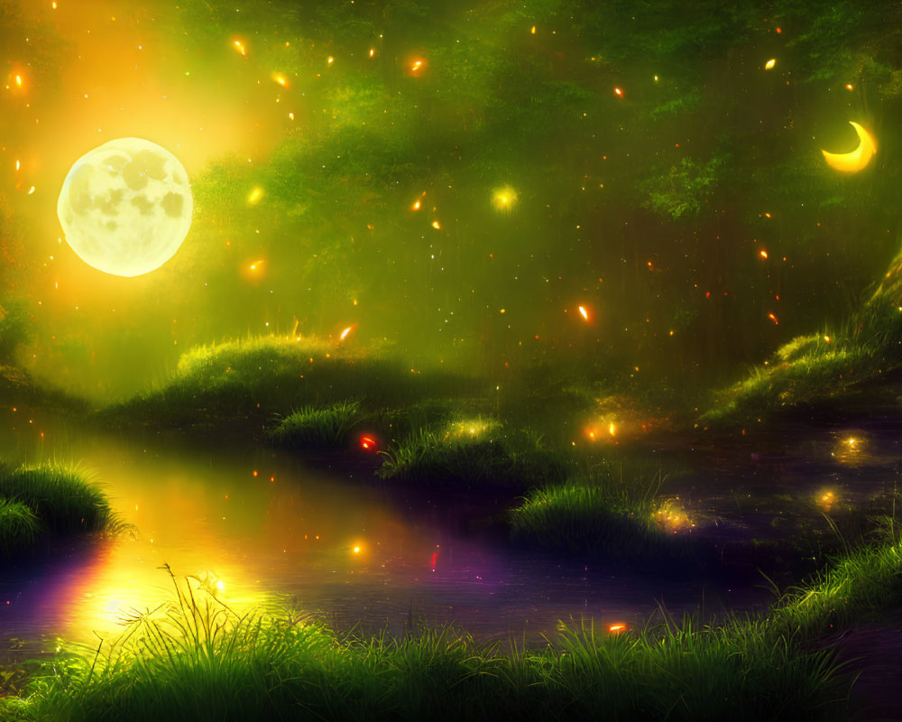 Fantasy landscape with glowing moon, sparkling river, lush greenery, and floating lights