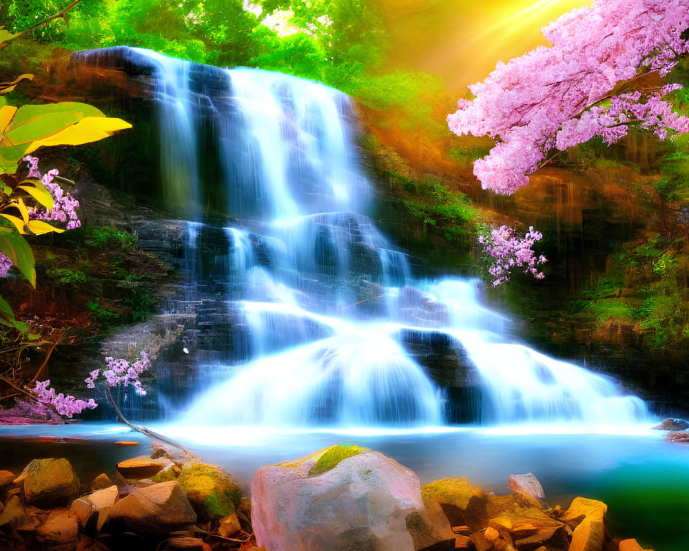 Scenic waterfall surrounded by lush greenery and pink blossoming trees