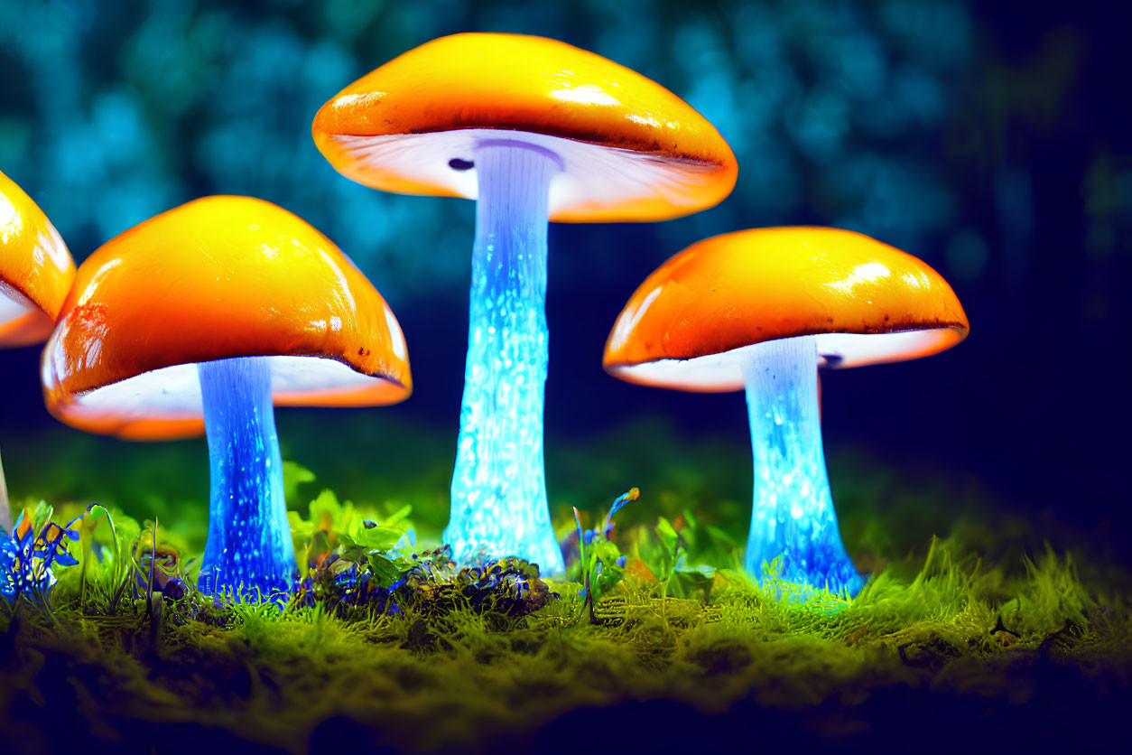 Vibrant orange mushrooms with glowing blue stems in forest setting