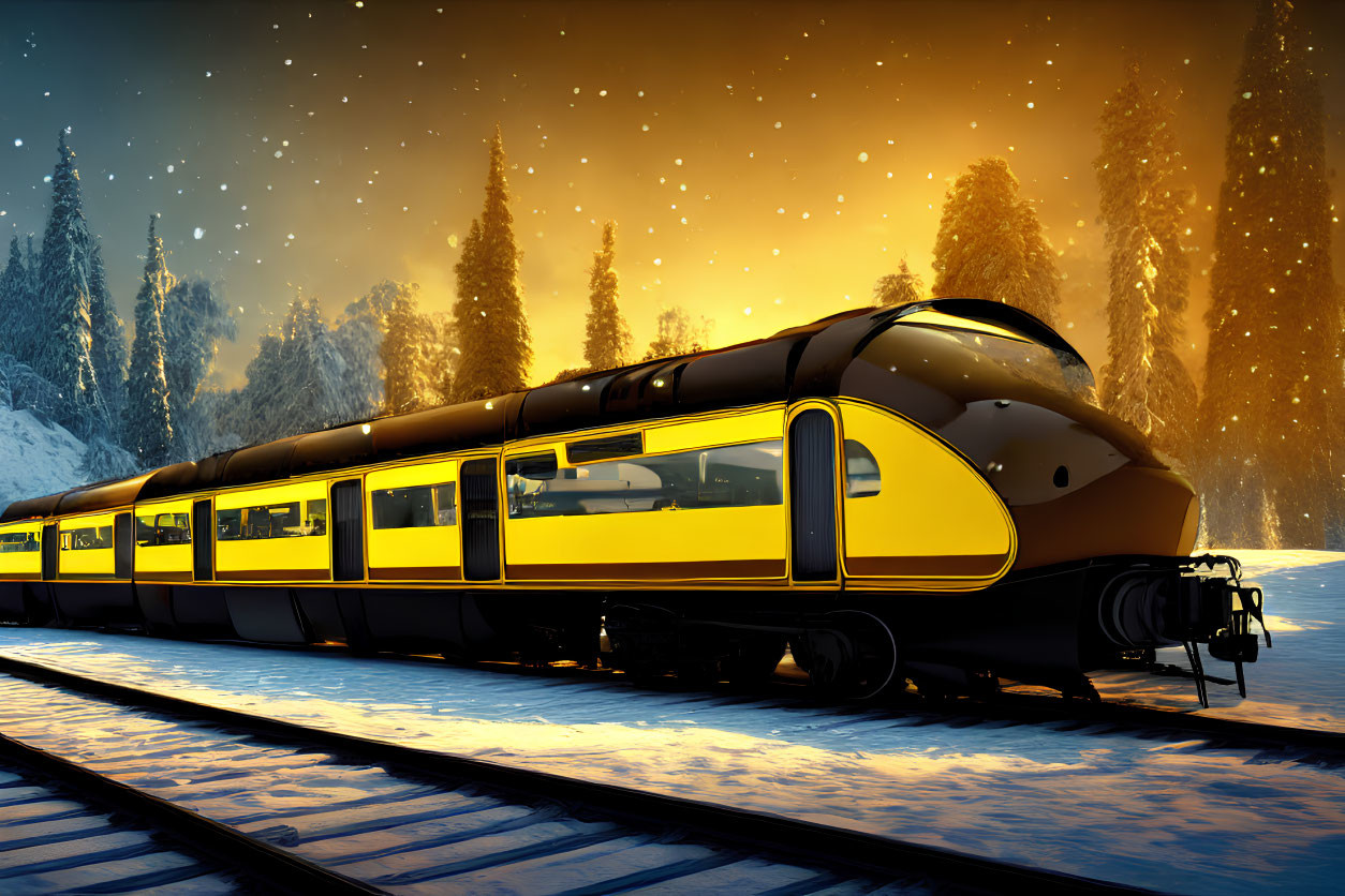 Modern train traveling through snowy twilight landscape.