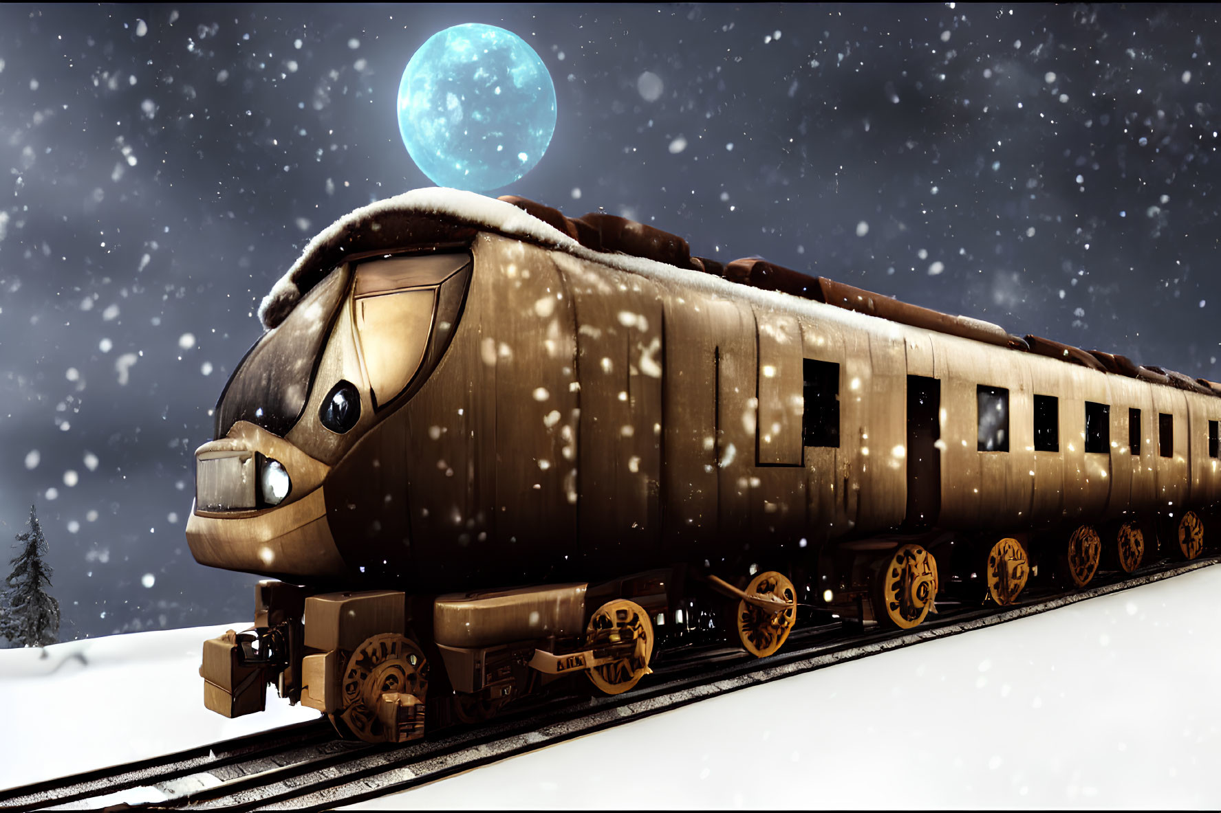 Vintage train on snowy tracks under full moon