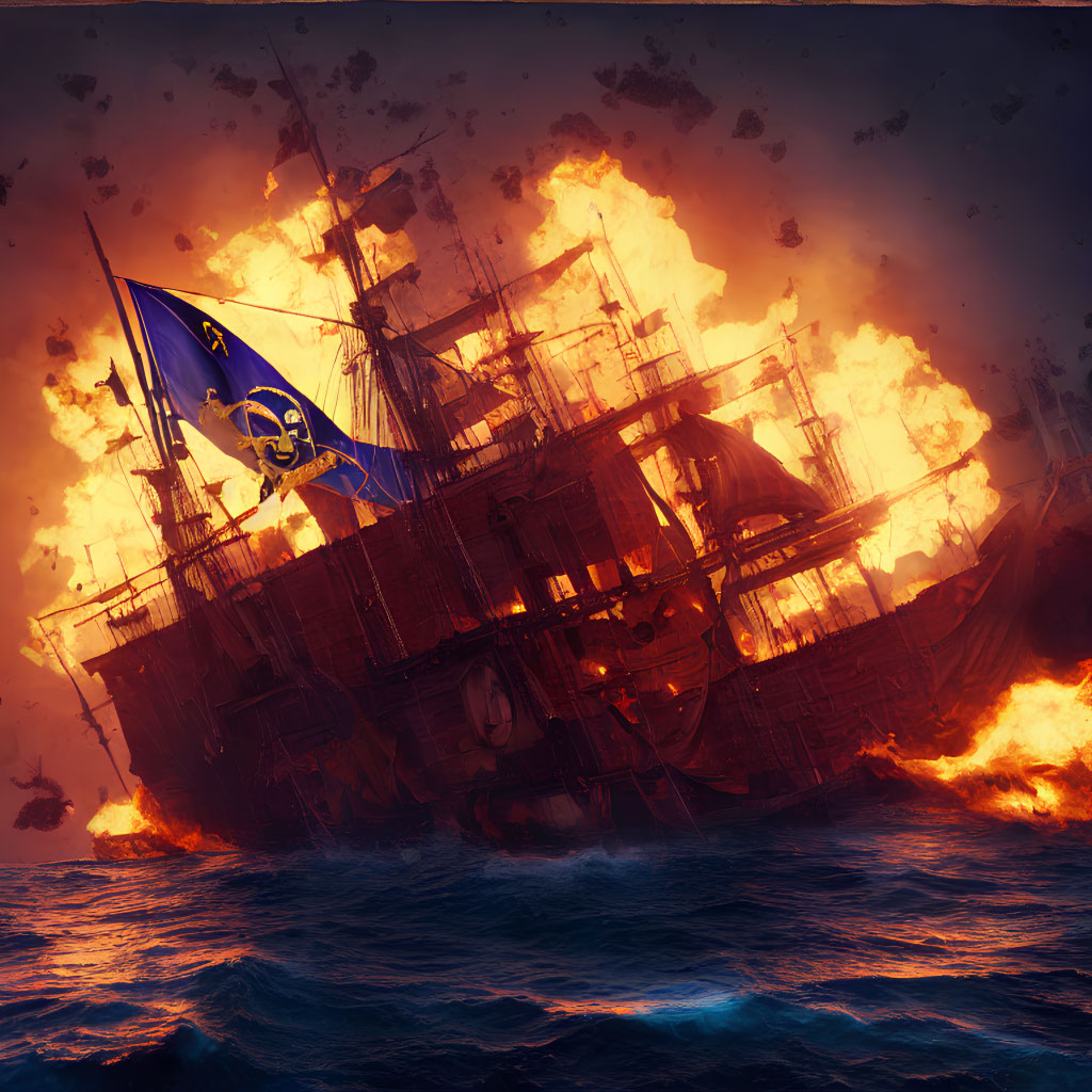 Burning pirate ship scene with skull flag in fierce flames