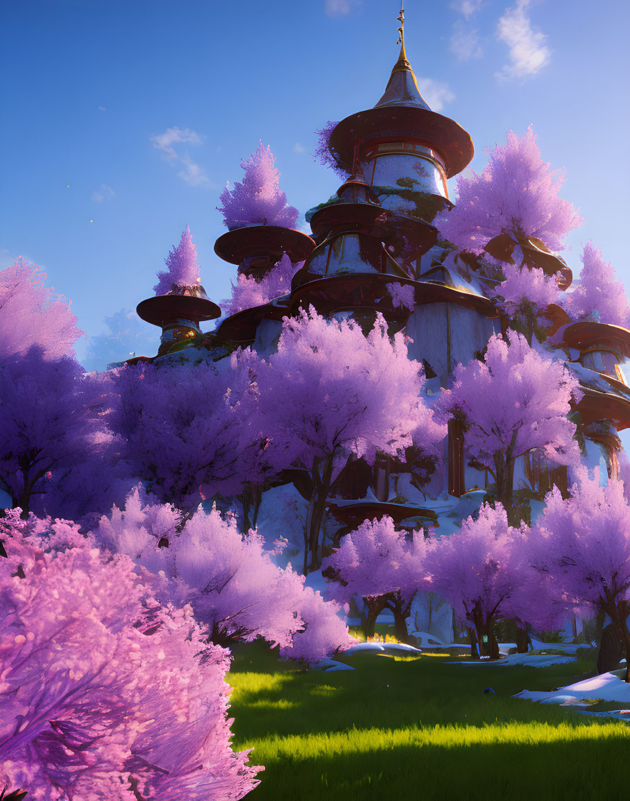 Fantasy landscape with pagoda-style building and cherry blossom trees