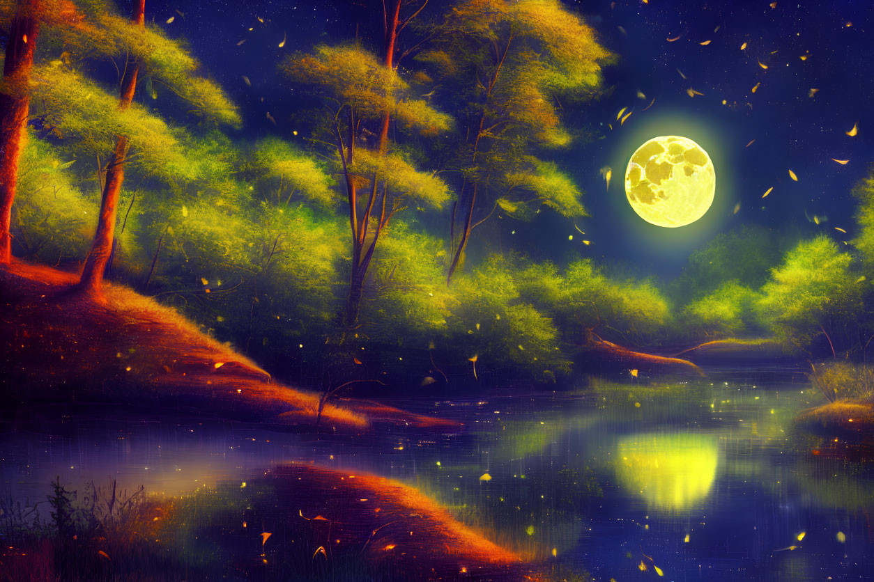 Full Moon Night Scene with Fireflies on Serene River