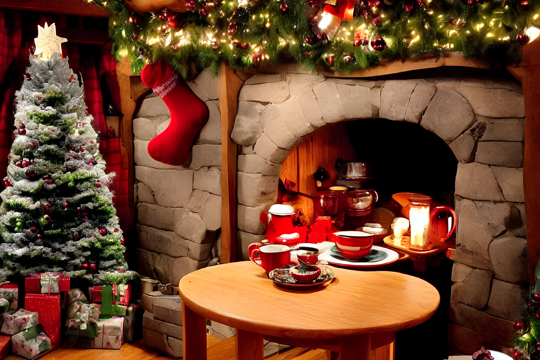 Festive Christmas scene with decorated tree, fireplace stockings, gifts, and treats