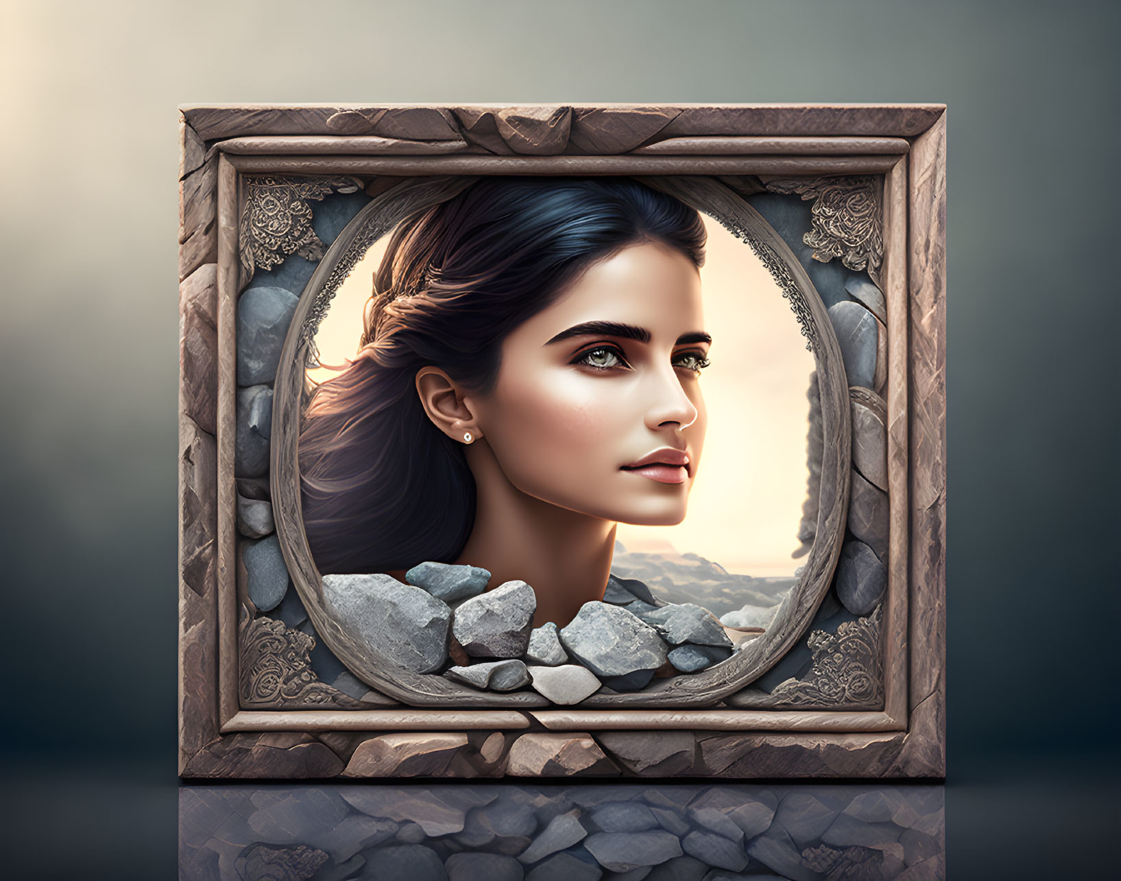 Surreal portrait of a woman in circular stone frame against rocky landscape