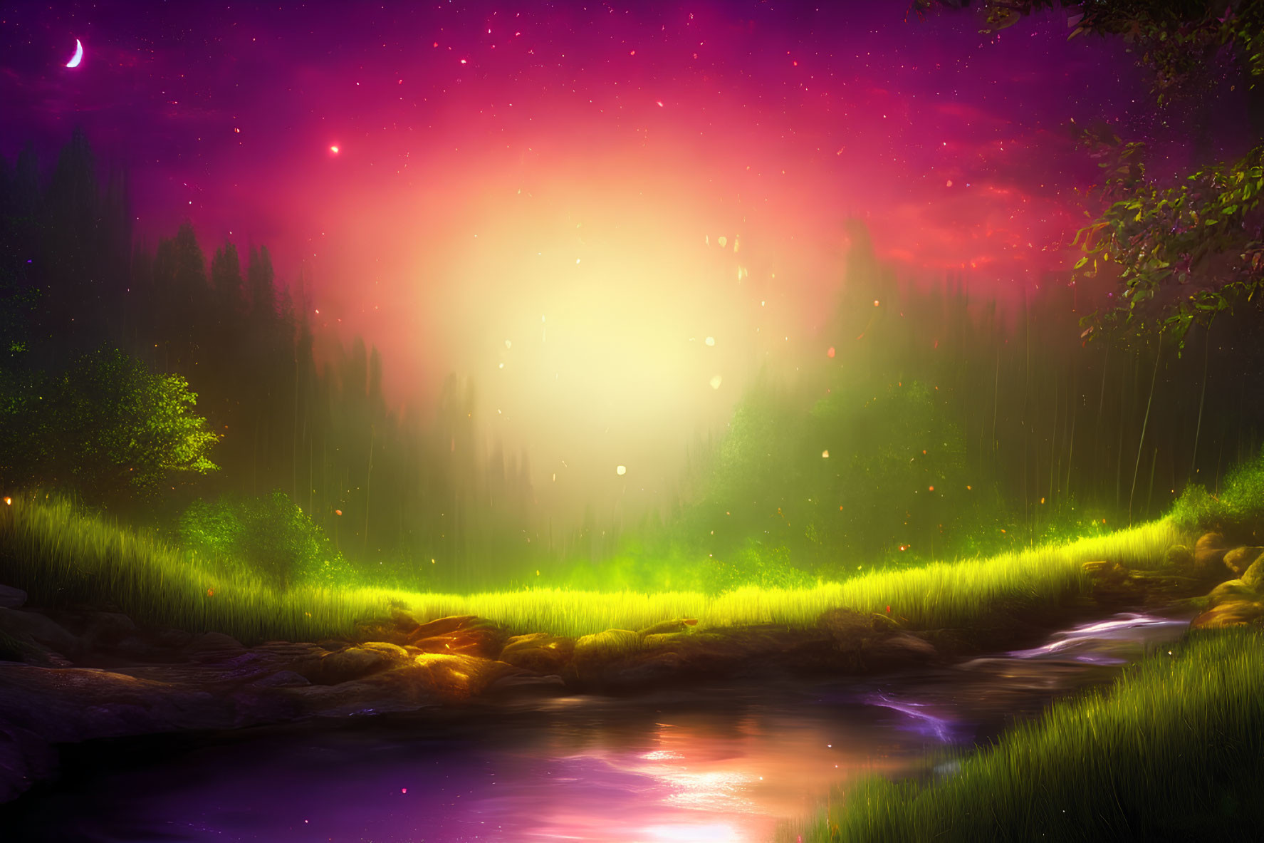 Mystical forest scene with glowing sunset, river, stars, and crescent moon