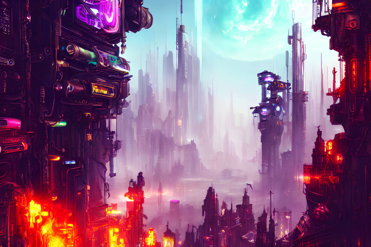 Futuristic cyberpunk cityscape with neon signs and skyscrapers