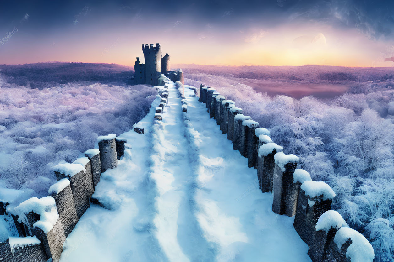 Snowy Path Leading to Distant Castle in Frost-Covered Landscape