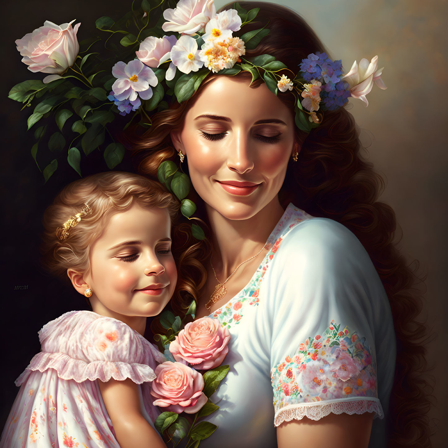 Smiling woman with flower crown hugs girl holding rose in serene scene