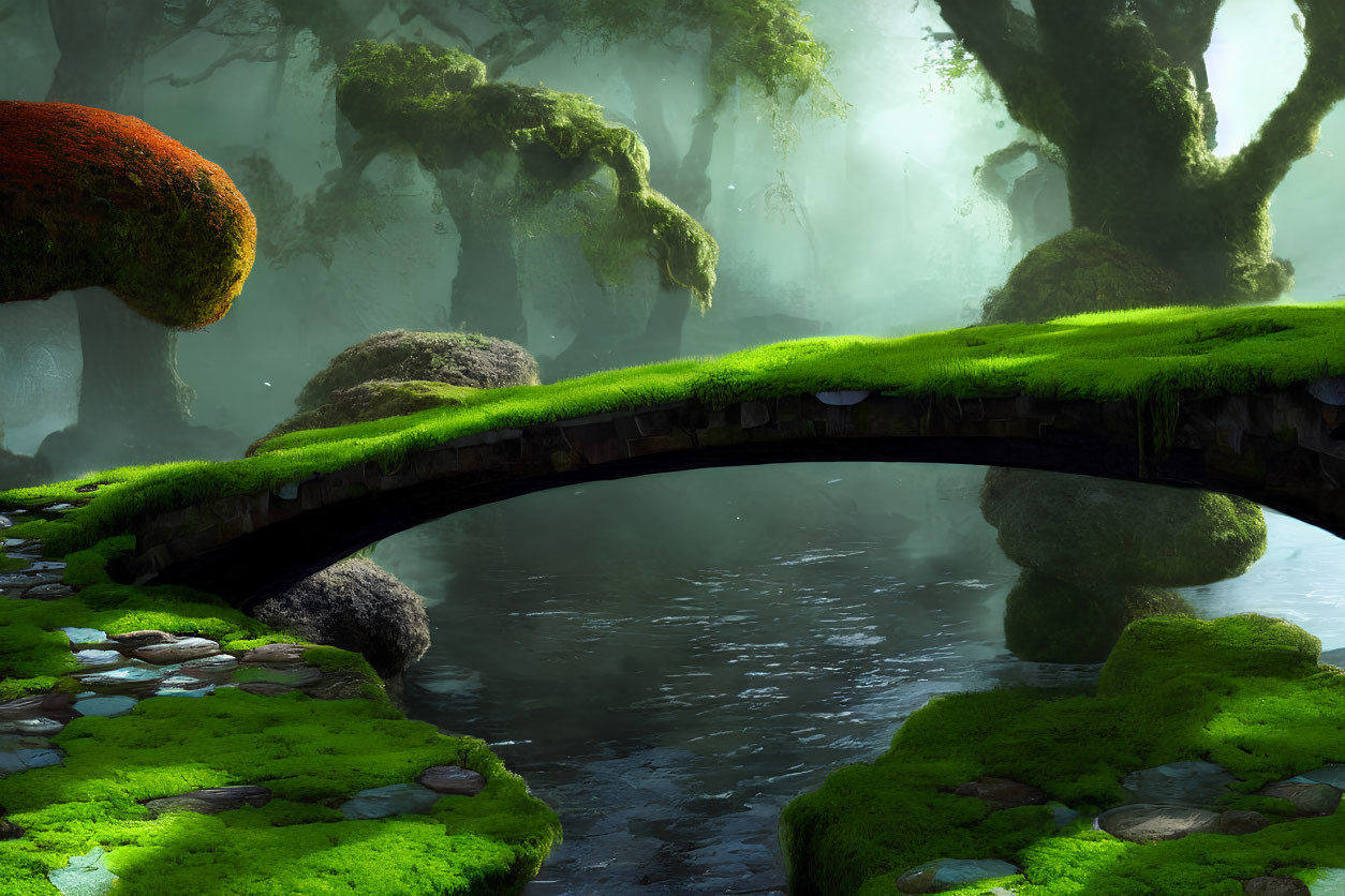 Tranquil Fantasy Landscape with Stone Bridge and Lush Greenery