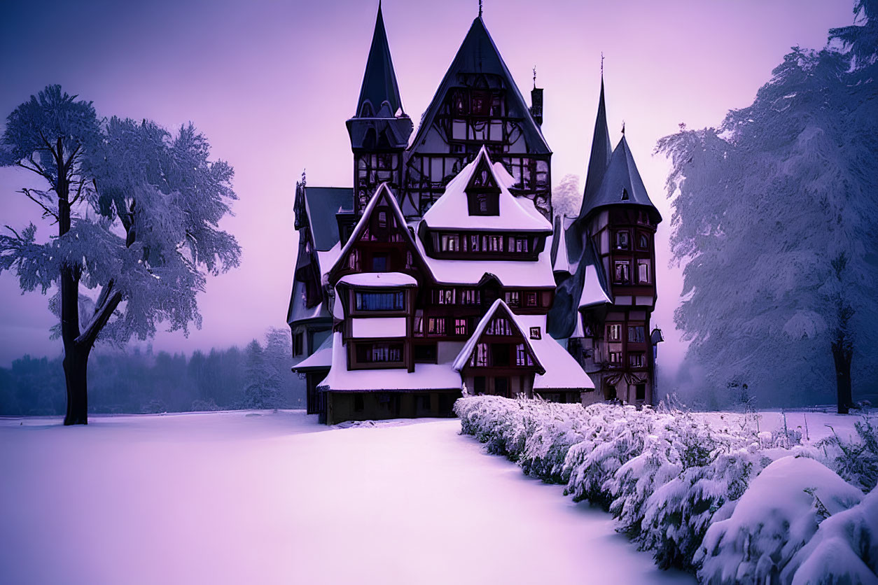 Victorian-style mansion in snow with twilight sky