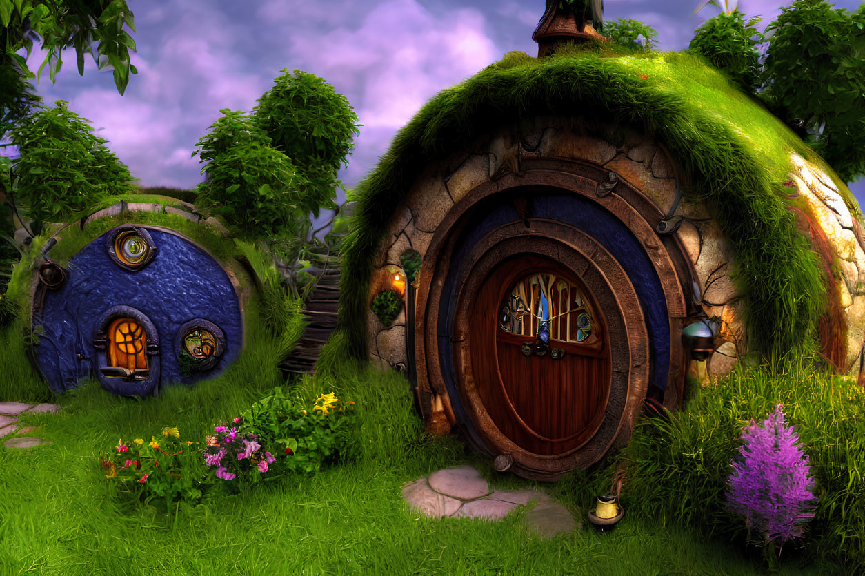 Whimsical hobbit-style houses in lush greenery under a purple sky