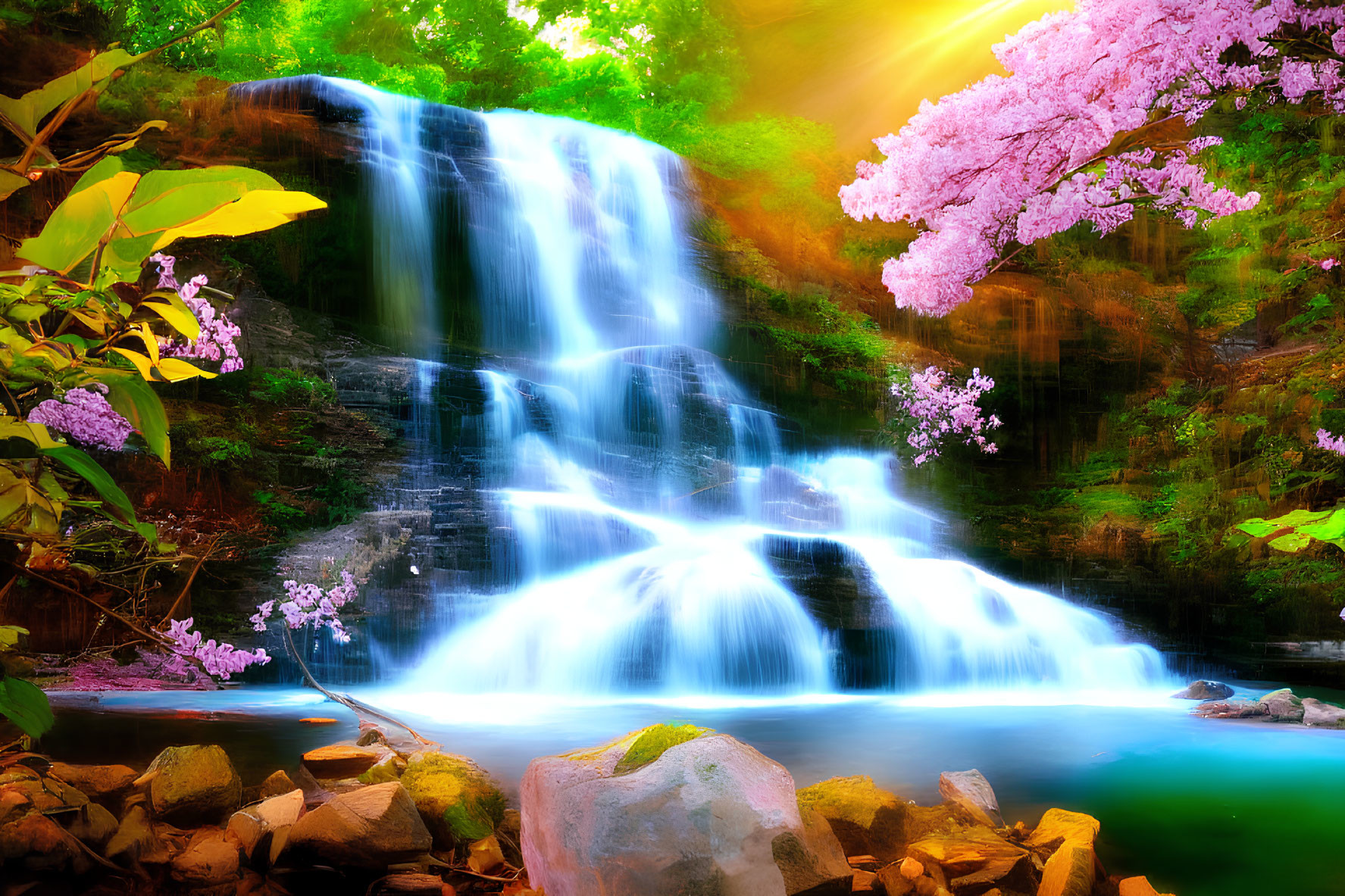 Scenic waterfall surrounded by lush greenery and pink blossoming trees