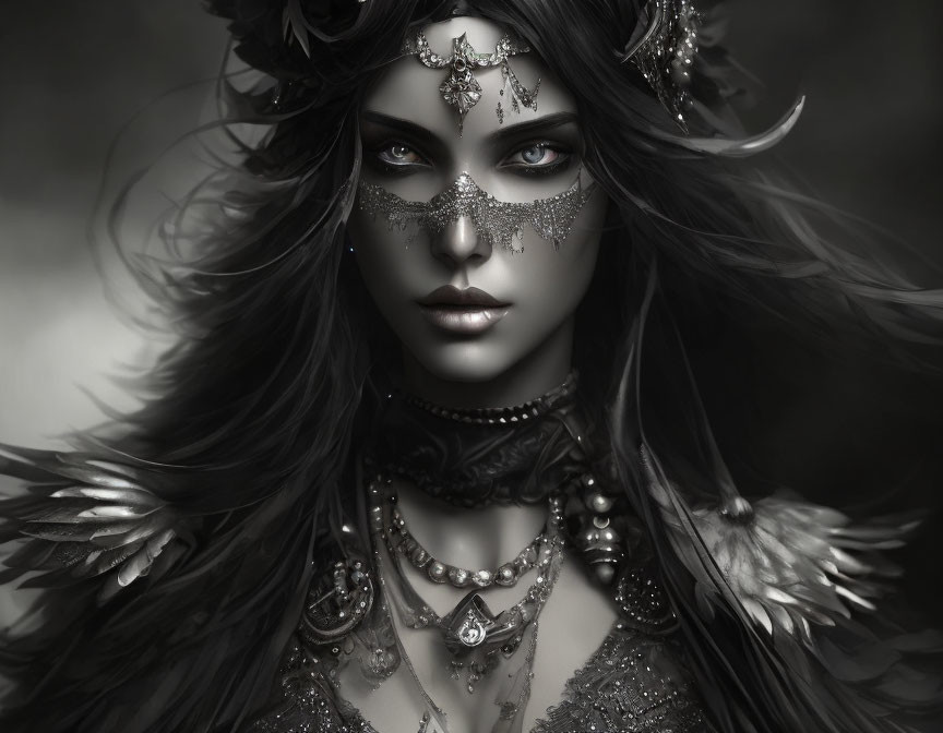 Fantasy woman portrait with dark hair, intricate jewelry, feathered shoulders, and mask