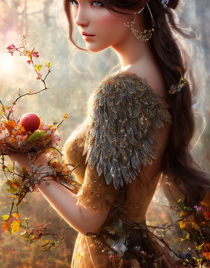 Fantasy female figure with feathered wings and golden dress in autumn theme.