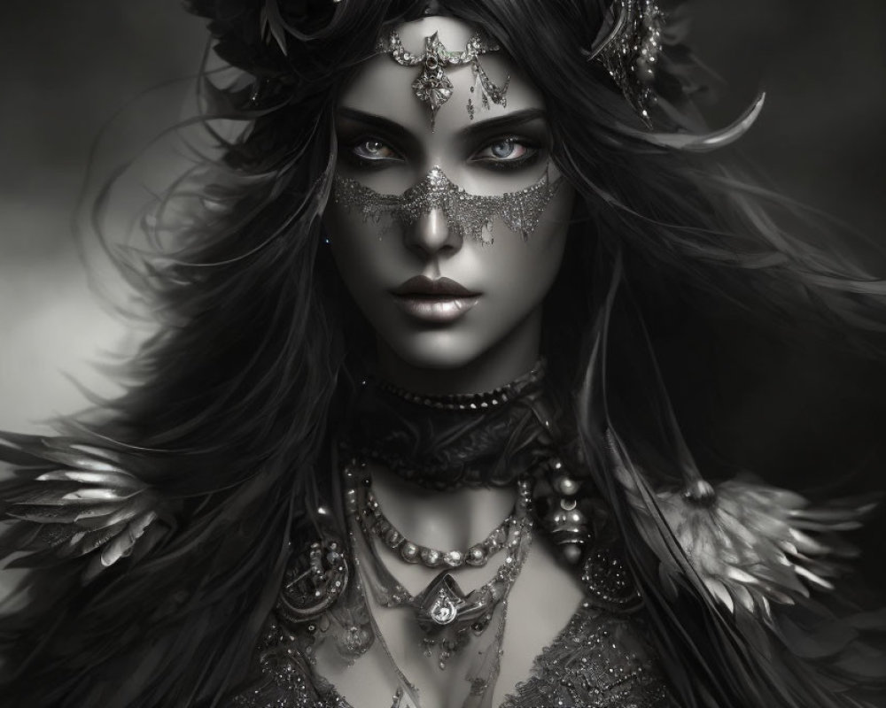 Fantasy woman portrait with dark hair, intricate jewelry, feathered shoulders, and mask