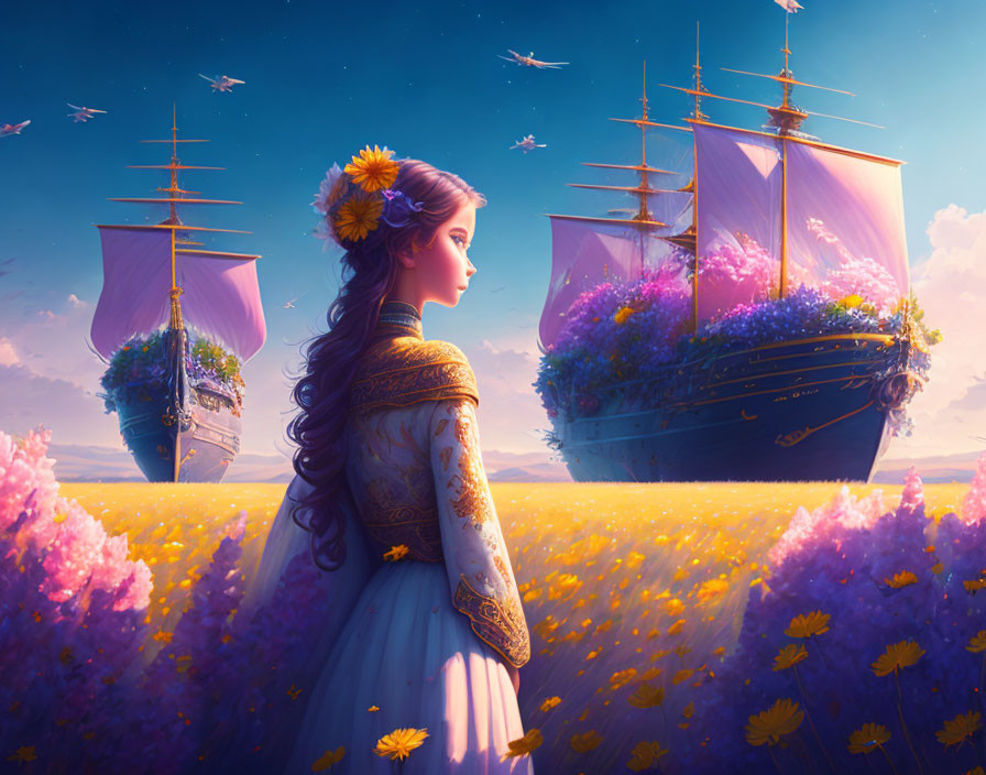 Woman in vintage dress surrounded by flowers and floating ships at sunset